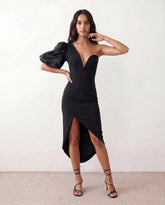 One-Shoulder Plunge Midi Dress