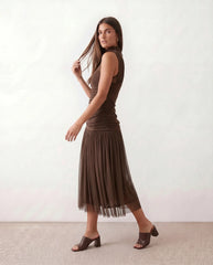 Drop Waist Pleated Mesh Midi Dress