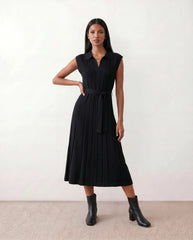 Pleated Belted V-Neck Midi