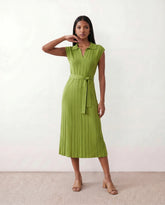 Pleated Belted V-Neck Midi