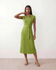 Pleated Belted V-Neck Midi