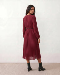 Pleated Sheer Belted Midi Dress