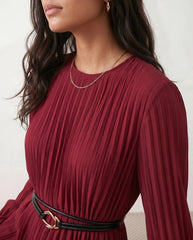 Pleated Sheer Belted Midi Dress