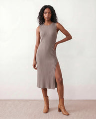 Raina Ribbed Knit Fitted Midi Dress with Side Slit