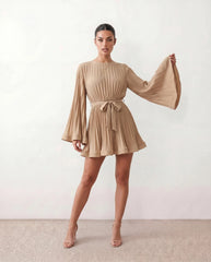 Pleated Bell Sleeve Ruffle Mini Dress