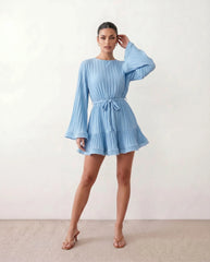 Pleated Bell Sleeve Ruffle Mini Dress