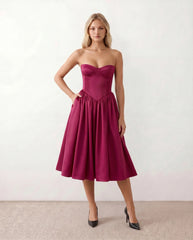 Vicenta Strapless Corset Midi Dress with Pleated Skirt