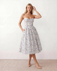 Vicenta Strapless Corset Midi Dress with Pleated Skirt