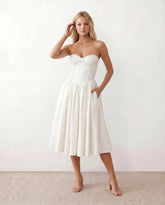 Vicenta Strapless Corset Midi Dress with Pleated Skirt