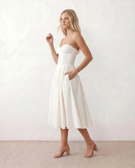 Vicenta Strapless Corset Midi Dress with Pleated Skirt