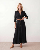 V-Neck Button-Front Maxi Dress (Evergreen)