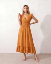 Mirtha Wrap Midi Dress with Low Open Back & Ruffle Hem