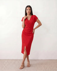 Eugenia Draped Wrap Midi Dress with Front Slit