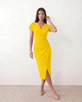 Eugenia Draped Wrap Midi Dress with Front Slit