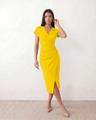 Eugenia Draped Wrap Midi Dress with Front Slit