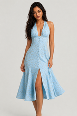 Floral Halterneck Midaxi Dress in Blue Print
