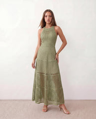 Mila Crochet A-Line Maxi Dress with Halter Neckline