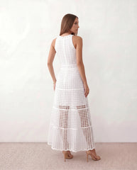 Mila Crochet A-Line Maxi Dress with Halter Neckline