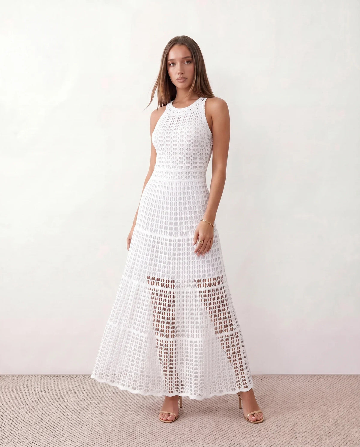 Mila Crochet A-Line Maxi Dress with Halter Neckline
