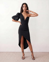 One-Shoulder Plunge Midi Dress