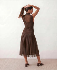 Drop Waist Pleated Mesh Midi Dress