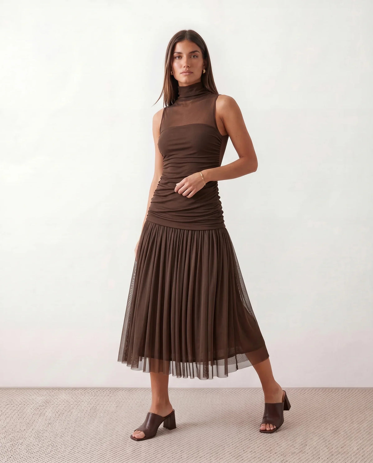 Drop Waist Pleated Mesh Midi Dress