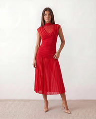 Drop Waist Pleated Mesh Midi Dress