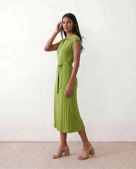 Pleated Belted V-Neck Midi