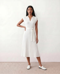 Pleated Belted V-Neck Midi