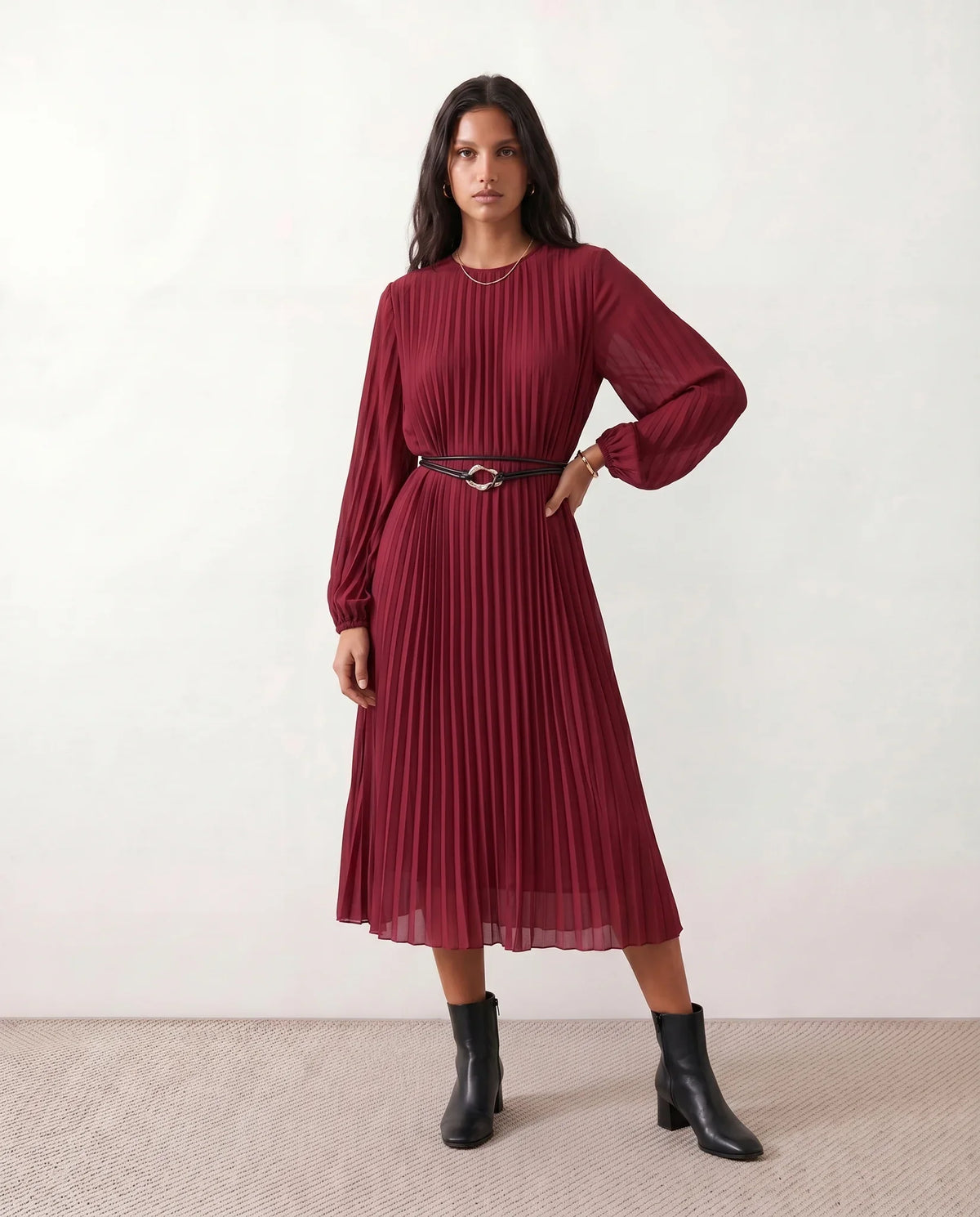Pleated Sheer Belted Midi Dress