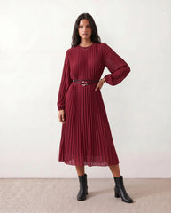 Pleated Sheer Belted Midi Dress