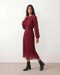 Pleated Sheer Belted Midi Dress