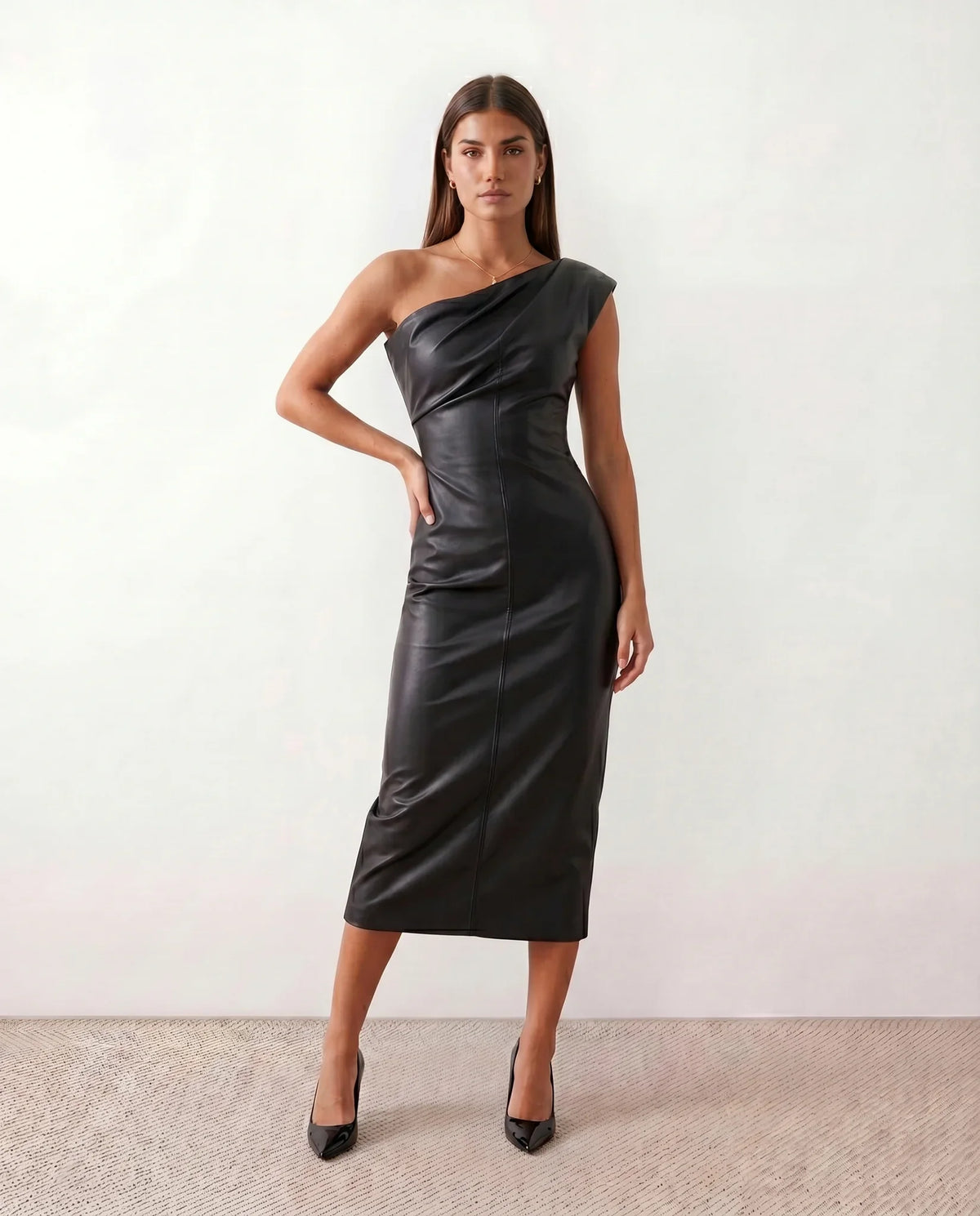 Faux Leather Pencil Midi Dress