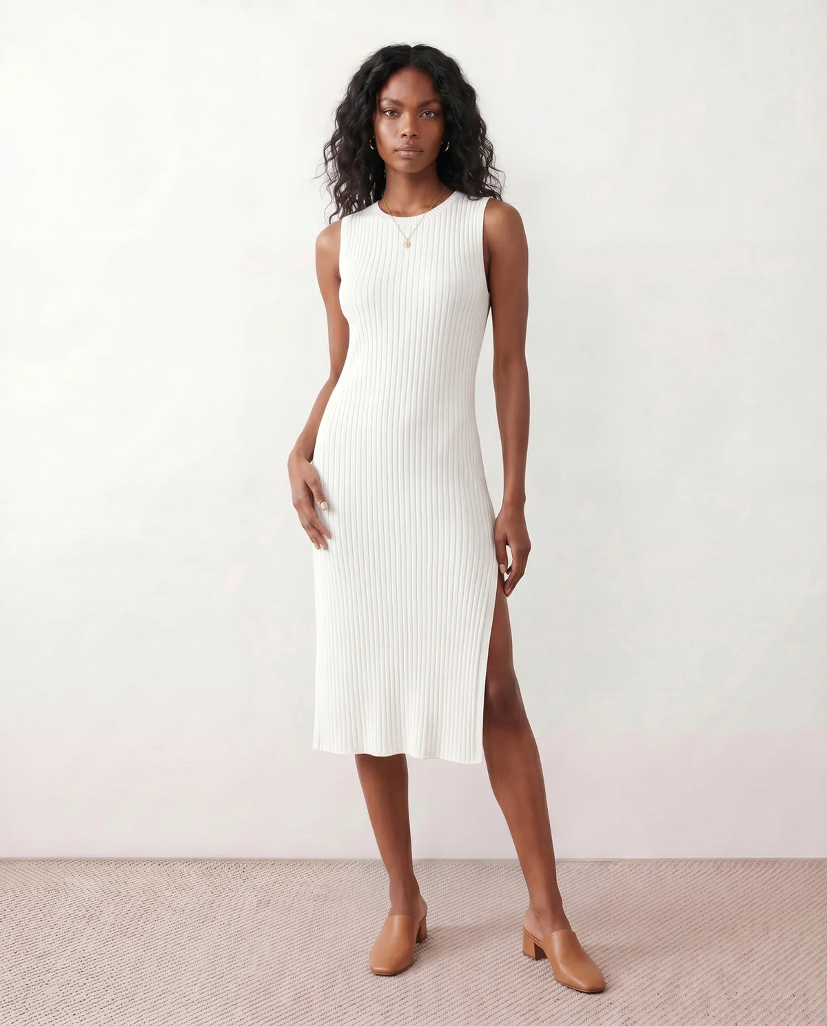 Raina Ribbed Knit Fitted Midi Dress with Side Slit