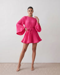 Pleated Bell Sleeve Ruffle Mini Dress