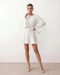 Pleated Bell Sleeve Ruffle Mini Dress