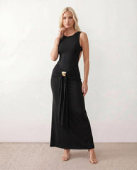 Calista Open Back Fitted Maxi Dress with Gold Buckle Detail
