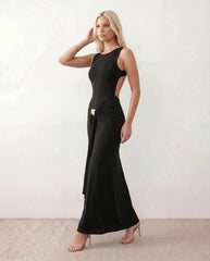 Calista Open Back Fitted Maxi Dress with Gold Buckle Detail