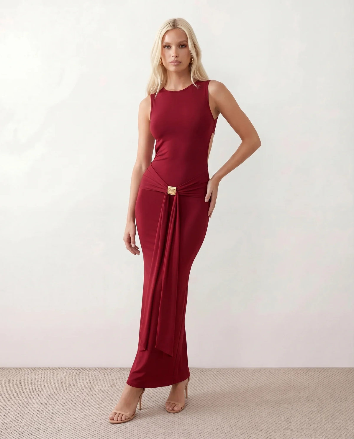 Calista Open Back Fitted Maxi Dress with Gold Buckle Detail