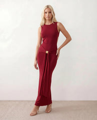 Calista Open Back Fitted Maxi Dress with Gold Buckle Detail