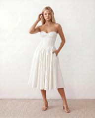 Vicenta Strapless Corset Midi Dress with Pleated Skirt