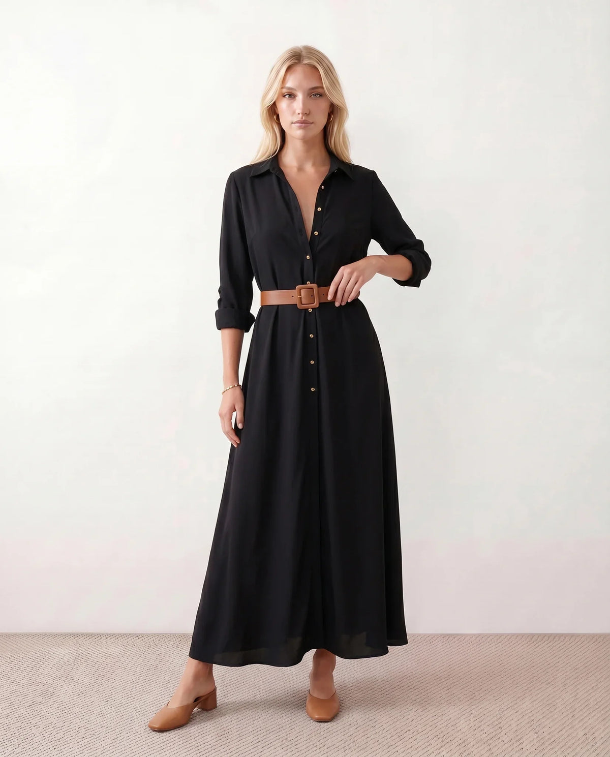 V-Neck Button-Front Maxi Dress (Evergreen)