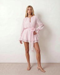 Ribbon Sleeve Rose Detail Mini Dress