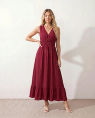 Mirtha Wrap Midi Dress with Low Open Back & Ruffle Hem