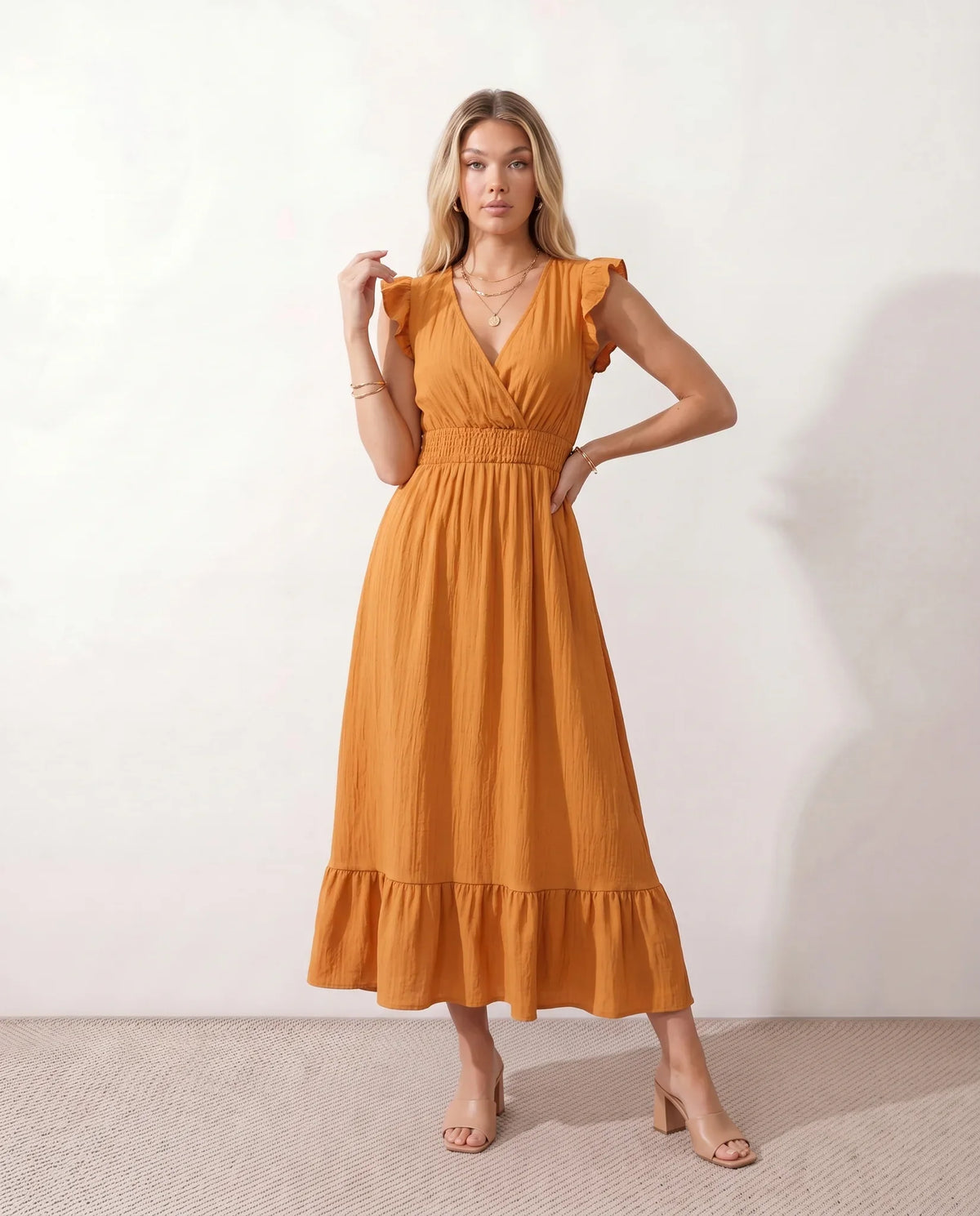 Mirtha Wrap Midi Dress with Low Open Back & Ruffle Hem