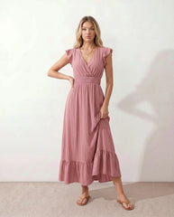 Mirtha Wrap Midi Dress with Low Open Back & Ruffle Hem