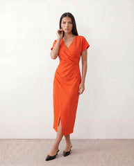Eugenia Draped Wrap Midi Dress with Front Slit