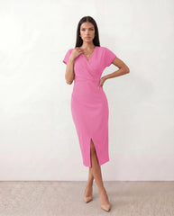 Eugenia Draped Wrap Midi Dress with Front Slit