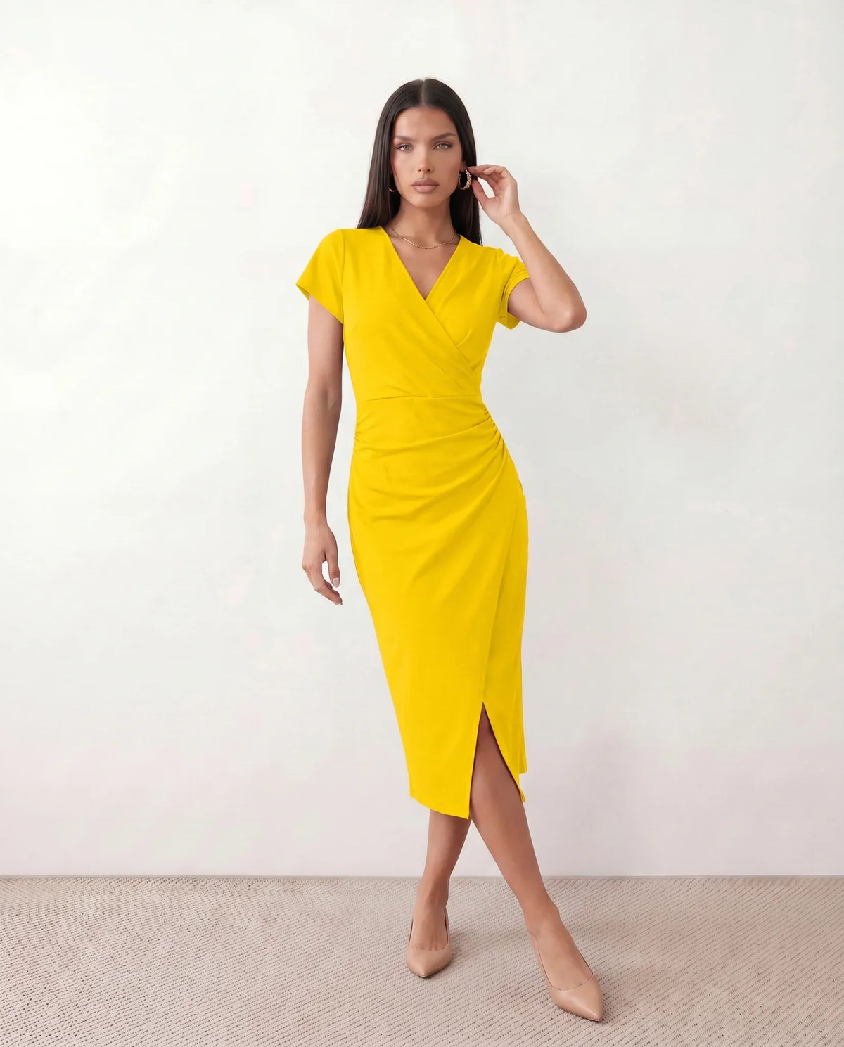 Eugenia Draped Wrap Midi Dress with Front Slit