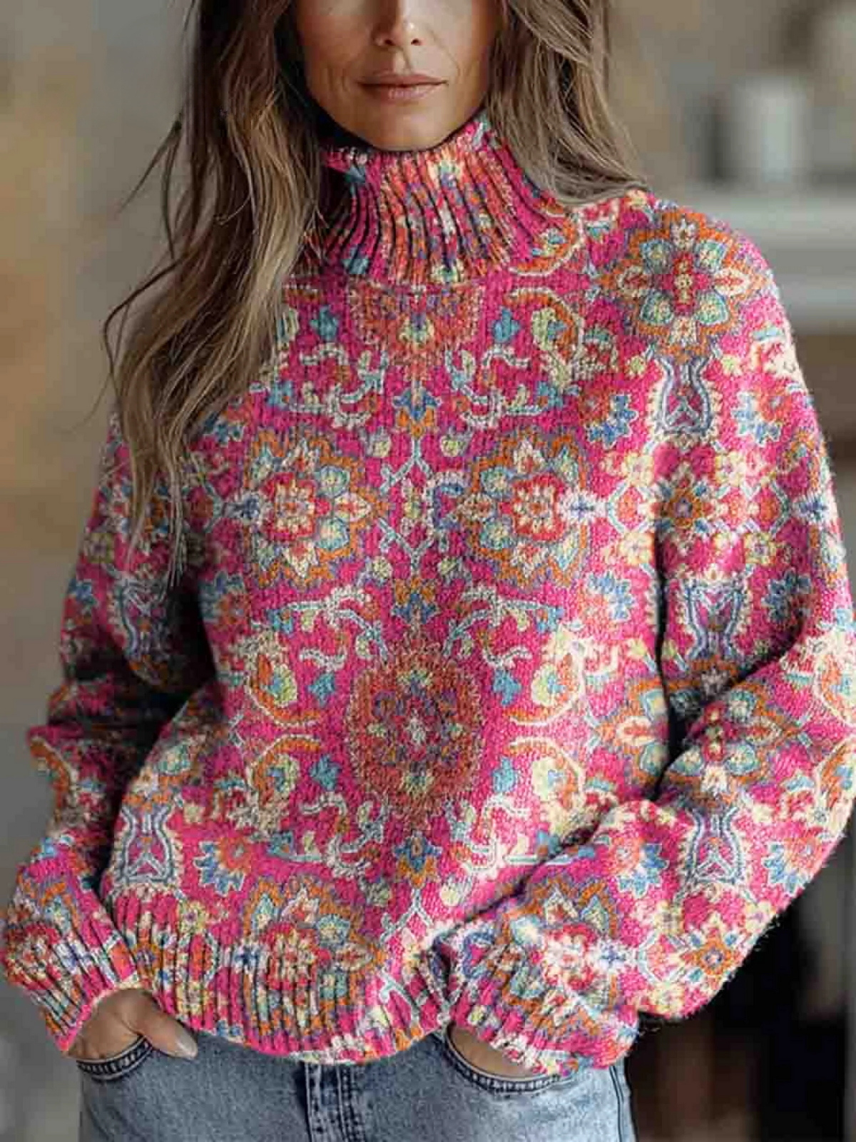 Annabelle | Retro Ethnic Floral Turtleneck Sweater